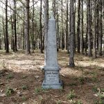 A weathered gravestone stands among tall pine trees in a quiet forest.