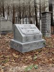 A gravestone for William in a fenced area covered with autumn leaves.