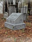 A gravestone for William in a fenced area covered with autumn leaves.