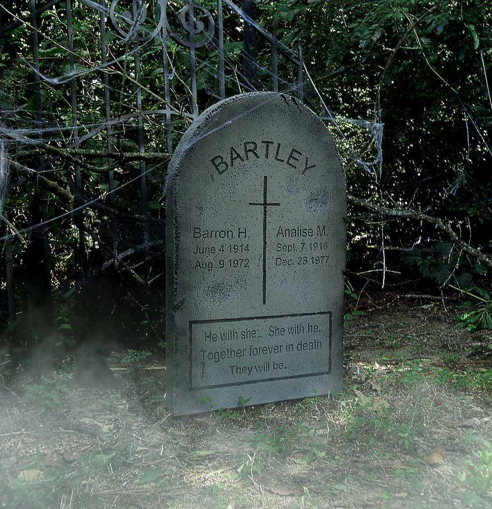 A weathered gravestone in a misty, wooded area. A weathered gravestone in a misty, wooded area.