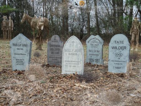Five humorous tombstones with funny epitaphs in a wooded area.