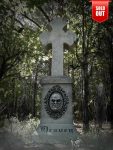 Eerie stone cross monument with a haunting face in the forest, marked as sold out.