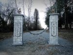 Two stone pillars at a forest entrance with a pathway beyond.