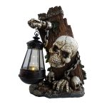 A spooky skeleton holding a lantern, sitting on a rock.