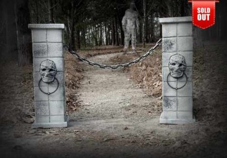 Two stone pillars with lion head knockers on a dirt path in a forest.